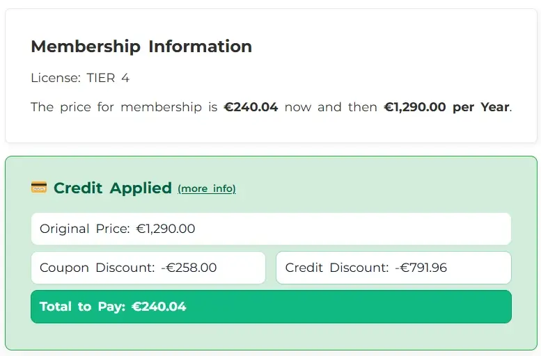 credit applied to upgraded license checkout