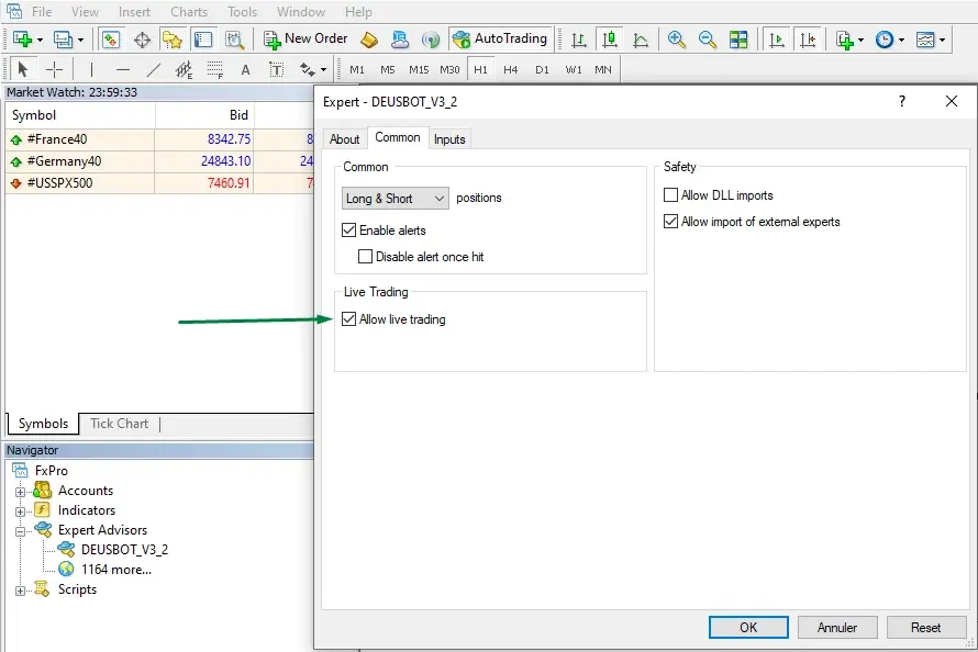 Enable Allow live trading in the Common tab
