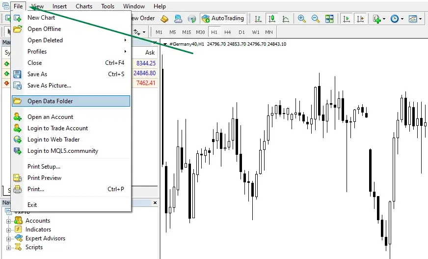 Open Data Folder in the MetaTrader 4 File menu