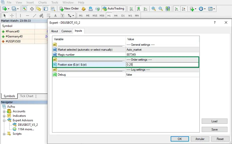 Change only the Position size input in the Inputs tab