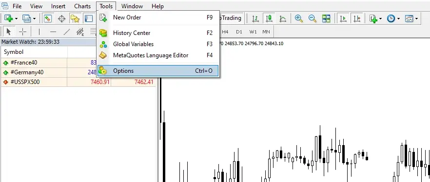 Open Tools then Options in MetaTrader 4
