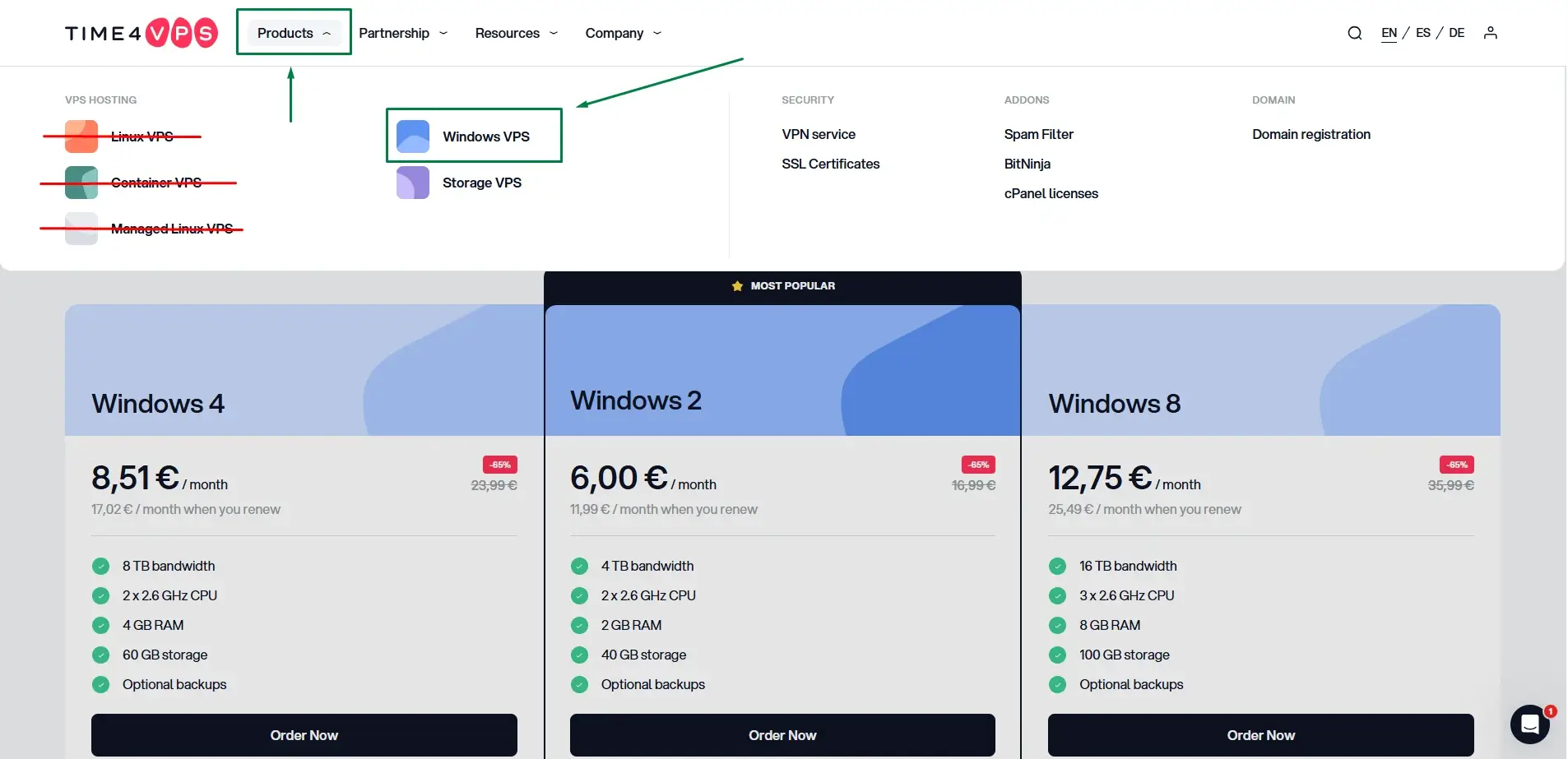 Select Windows VPS and choose the Windows 2 plan