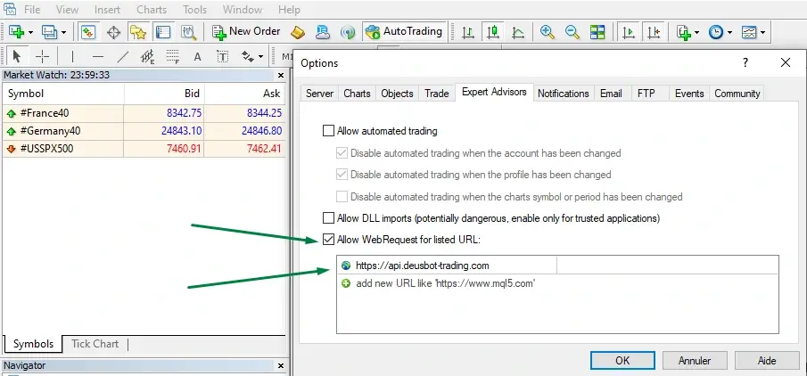 Enable WebRequest and add the Deusbot API URL in MetaTrader 4